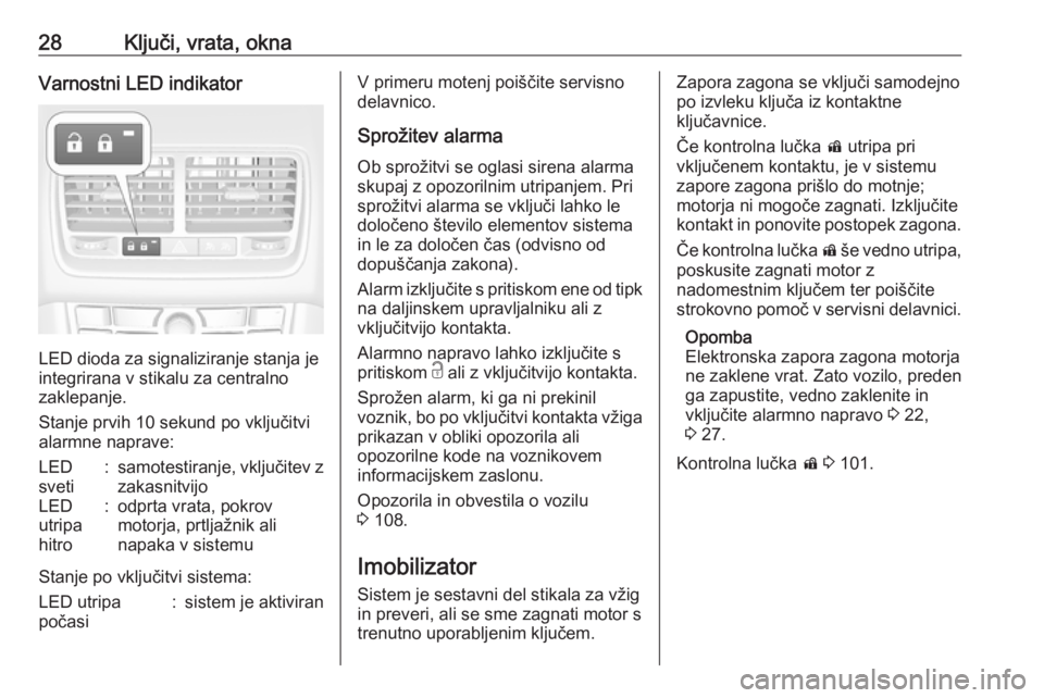OPEL MERIVA 2016  Uporabniški priročnik 28Ključi, vrata, oknaVarnostni LED indikator
LED dioda za signaliziranje stanja je
integrirana v stikalu za centralno
zaklepanje.
Stanje prvih 10 sekund po vključitvi
alarmne naprave:
LED
sveti:samo
