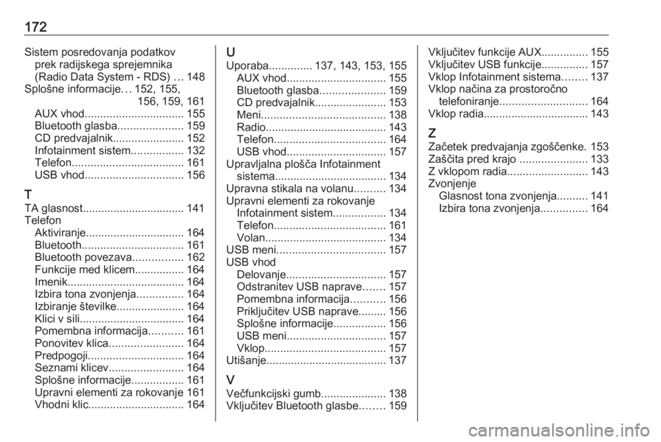 OPEL MERIVA 2016.5  Navodila za uporabo Infotainment sistema 172Sistem posredovanja podatkovprek radijskega sprejemnika
(Radio Data System - RDS)  ...148
Splošne informacije ...152, 155,
156, 159, 161
AUX vhod ................................ 155
Bluetooth gla