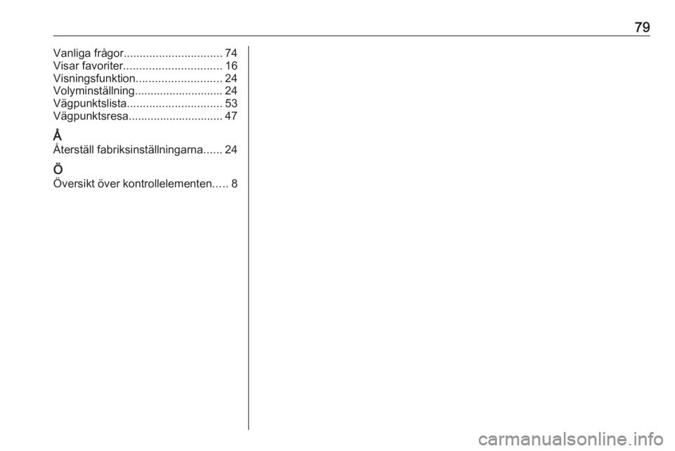 OPEL MOKKA X 2018.5  Instruktionsbok 79Vanliga frågor............................... 74
Visar favoriter ............................... 16
Visningsfunktion ........................... 24
Volyminställning............................ 24
