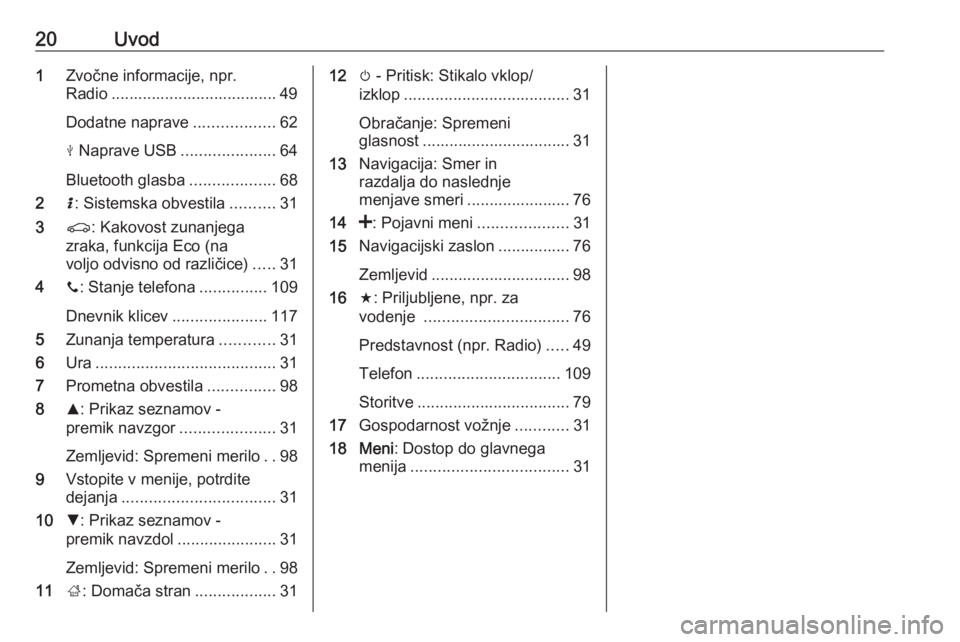 OPEL MOVANO_B 2016.5  Navodila za uporabo Infotainment sistema 20Uvod1Zvočne informacije, npr.
Radio ..................................... 49
Dodatne naprave ..................62
M  Naprave USB .....................64
Bluetooth glasba ...................68
2 H: 