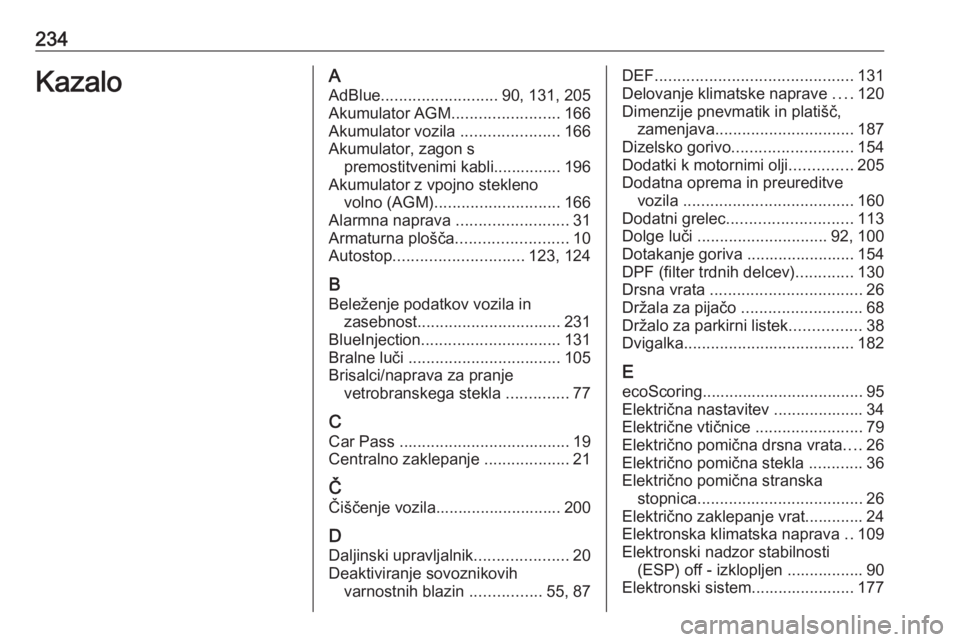 OPEL MOVANO_B 2016.5  Uporabniški priročnik 234KazaloAAdBlue .......................... 90, 131, 205
Akumulator AGM ........................166
Akumulator vozila  ......................166
Akumulator, zagon s premostitvenimi kabli..............