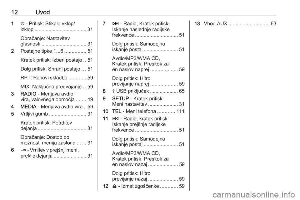 OPEL MOVANO_B 2018  Navodila za uporabo Infotainment sistema 12Uvod1m - Pritisk: Stikalo vklop/
izklop ..................................... 31
Obračanje: Nastavitev
glasnosti ................................ 31
2 Postajne tipke 1...6 ...............51
Kratek 