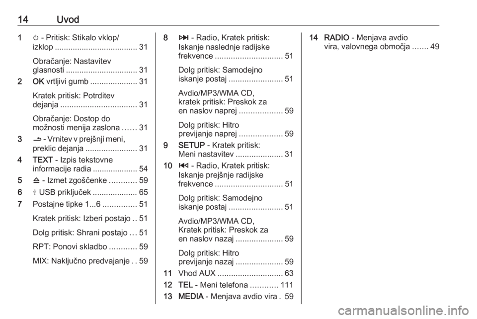 OPEL MOVANO_B 2018  Navodila za uporabo Infotainment sistema 14Uvod1m - Pritisk: Stikalo vklop/
izklop ..................................... 31
Obračanje: Nastavitev
glasnosti ................................ 31
2 OK  vrtljivi gumb ..................... 31
Kra