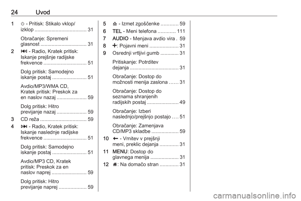 OPEL VIVARO B 2018  Navodila za uporabo Infotainment sistema 24Uvod1m - Pritisk: Stikalo vklop/
izklop ..................................... 31
Obračanje: Spremeni
glasnost ................................. 31
2 2 - Radio, Kratek pritisk:
Iskanje prejšnje rad