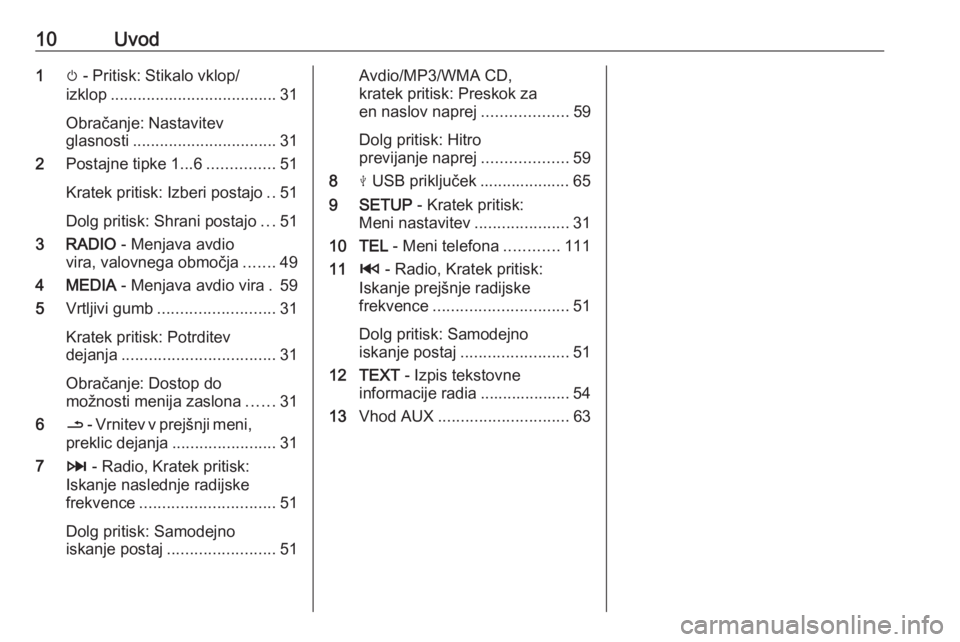 OPEL VIVARO B 2018.5  Navodila za uporabo Infotainment sistema 10Uvod1m - Pritisk: Stikalo vklop/
izklop ..................................... 31
Obračanje: Nastavitev
glasnosti ................................ 31
2 Postajne tipke 1...6 ...............51
Kratek 