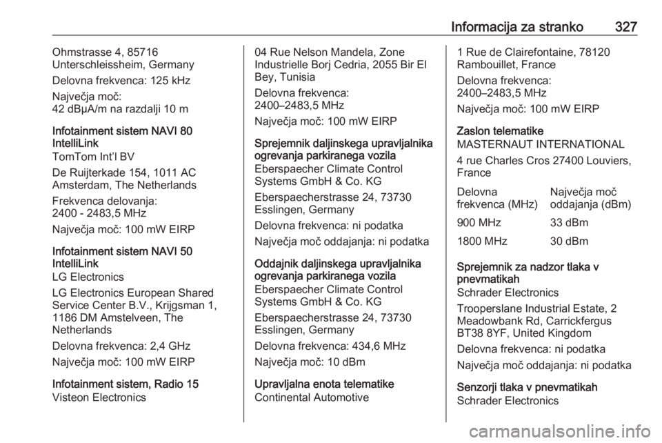 OPEL MOVANO_B 2020  Uporabniški priročnik Informacija za stranko327Ohmstrasse 4, 85716
Unterschleissheim, Germany
Delovna frekvenca: 125 kHz
Največja moč:
42 dBµA/m na razdalji 10 m
Infotainment sistem NAVI 80
IntelliLink
TomTom Int’l BV