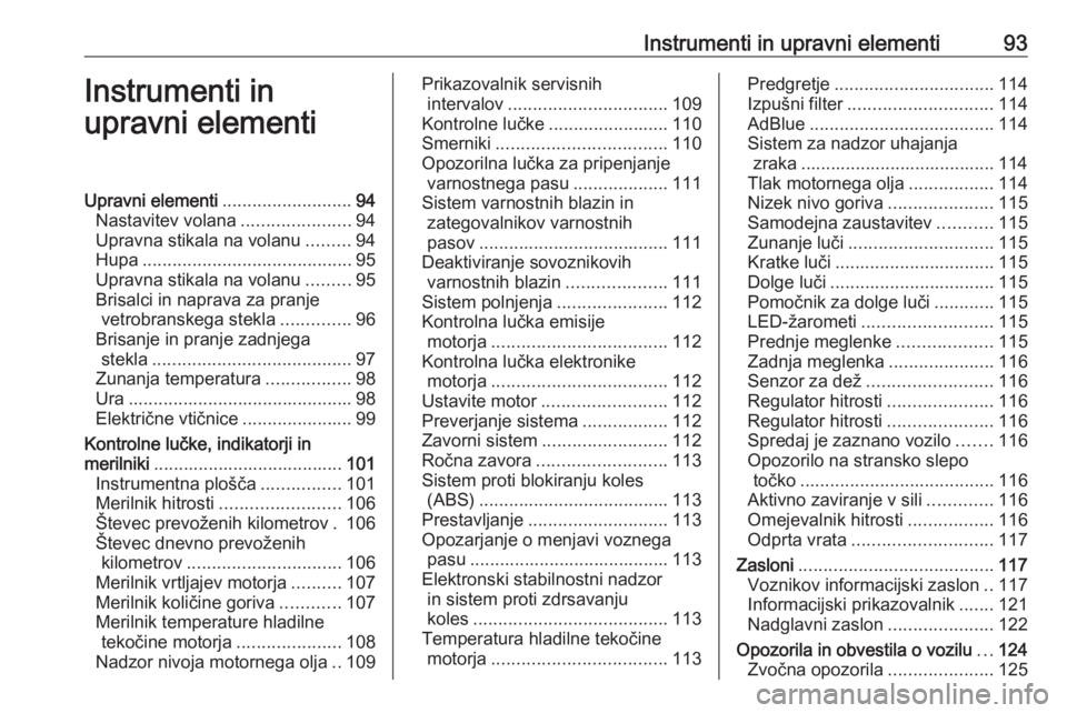 OPEL VIVARO C 2020  Uporabniški priročnik Instrumenti in upravni elementi93Instrumenti in
upravni elementiUpravni elementi ..........................94
Nastavitev volana ......................94
Upravna stikala na volanu .........94
Hupa ....