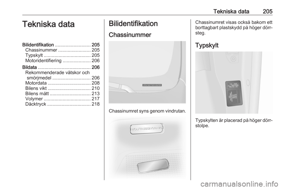 OPEL VIVARO B 2018 Instruktionsbok Tekniska data205Tekniska dataBilidentifikation........................... 205
Chassinummer ........................ 205
Typskylt ................................... 205
Motoridentifiering ............ OPEL VIVARO B 2018 Instruktionsbok Tekniska data205Tekniska dataBilidentifikation........................... 205
Chassinummer ........................ 205
Typskylt ................................... 205
Motoridentifiering ............