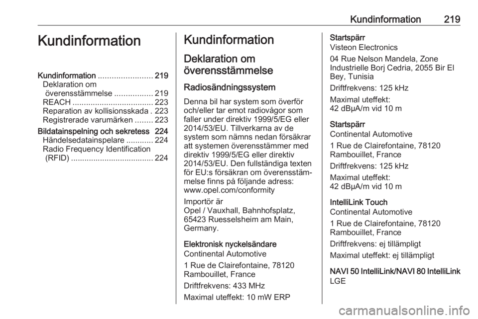 OPEL VIVARO B 2018  Instruktionsbok Kundinformation219KundinformationKundinformation........................219
Deklaration om överensstämmelse .................219
REACH .................................... 223
Reparation av kollisio