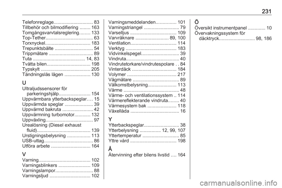 OPEL VIVARO B 2018  Instruktionsbok 231Telefonreglage.............................. 83
Tillbehör och bilmodifiering  ........163
Tomgångsvarvtalsreglering ........133
Top-Tether .................................... 63
Torxnyckel .....