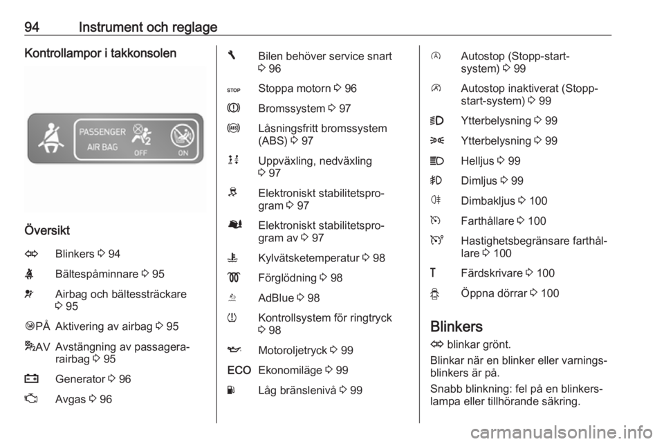 OPEL VIVARO B 2018  Instruktionsbok 94Instrument och reglageKontrollampor i takkonsolen
Översikt
OBlinkers 3 94XBältespåminnare  3 95vAirbag och bältessträckare
3  95Ó PÅAktivering av airbag  3 95* AVAvstängning av passagera‐
