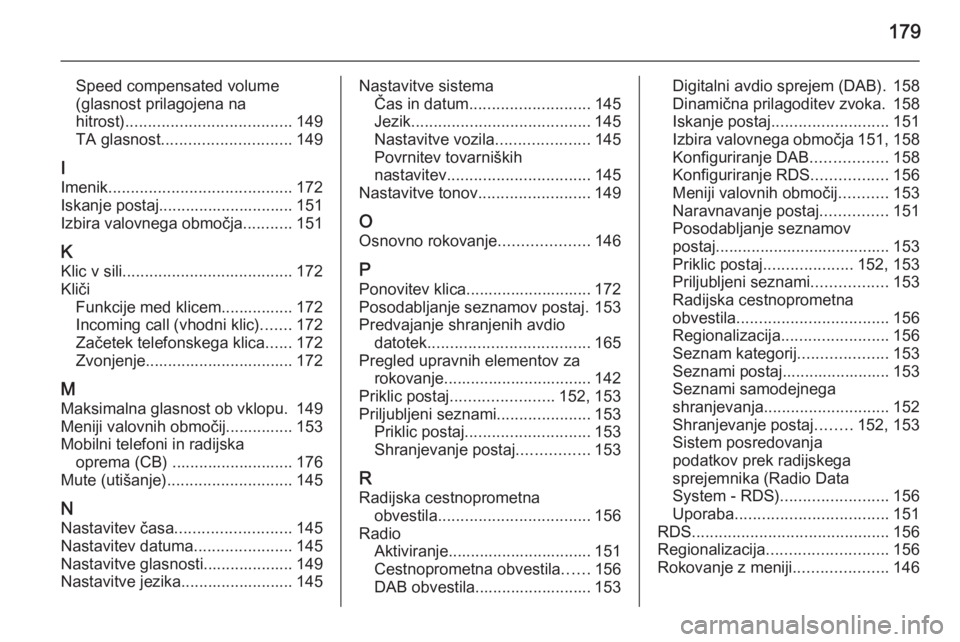 OPEL ZAFIRA C 2015 Navodila za uporabo Infotainment sistema 179
Speed compensated volume
(glasnost prilagojena na
hitrost) ..................................... 149
TA glasnost ............................. 149
I
Imenik ........................................ OPEL ZAFIRA C 2015 Navodila za uporabo Infotainment sistema 179
Speed compensated volume
(glasnost prilagojena na
hitrost) ..................................... 149
TA glasnost ............................. 149
I
Imenik ........................................