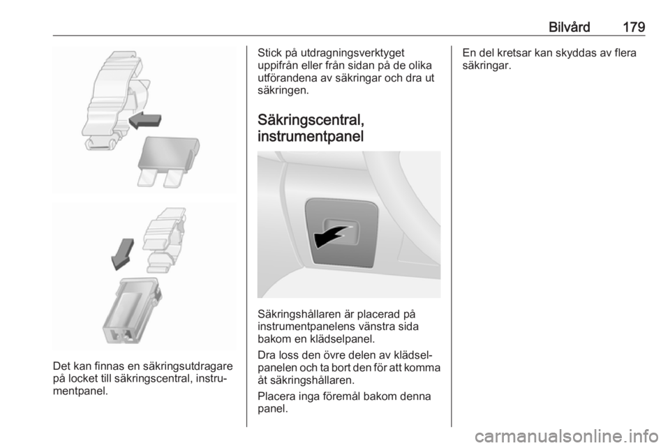 OPEL VIVARO B 2018.5  Instruktionsbok Bilvård179
Det kan finnas en säkringsutdragare
på locket till säkringscentral, instru‐
mentpanel.
Stick på utdragningsverktyget
uppifrån eller från sidan på de olika
utförandena av säkring