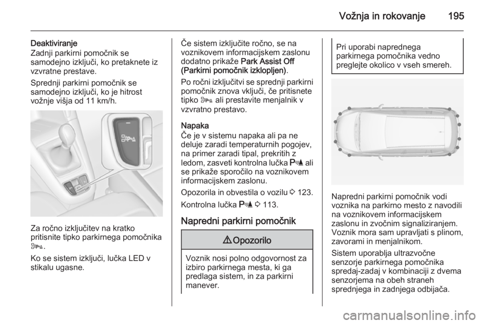 OPEL ZAFIRA C 2015 Uporabniški priročnik Vožnja in rokovanje195
Deaktiviranje
Zadnji parkirni pomočnik se
samodejno izključi, ko pretaknete iz
vzvratne prestave.
Sprednji parkirni pomočnik se
samodejno izključi, ko je hitrost
vožnje vi OPEL ZAFIRA C 2015 Uporabniški priročnik Vožnja in rokovanje195
Deaktiviranje
Zadnji parkirni pomočnik se
samodejno izključi, ko pretaknete iz
vzvratne prestave.
Sprednji parkirni pomočnik se
samodejno izključi, ko je hitrost
vožnje vi