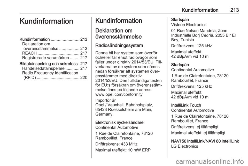 OPEL VIVARO B 2019 Instruktionsbok Kundinformation213KundinformationKundinformation........................213
Deklaration om överensstämmelse .................213
REACH .................................... 217
Registrerade varumärk OPEL VIVARO B 2019 Instruktionsbok Kundinformation213KundinformationKundinformation........................213
Deklaration om överensstämmelse .................213
REACH .................................... 217
Registrerade varumärk