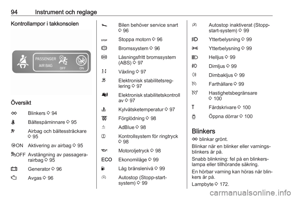 OPEL VIVARO B 2019  Instruktionsbok 94Instrument och reglageKontrollampor i takkonsolen
Översikt
OBlinkers 3 94XBältespåminnare  3 95vAirbag och bältessträckare
3  95Ó ONAktivering av airbag  3 95* OFFAvstängning av passagera‐
