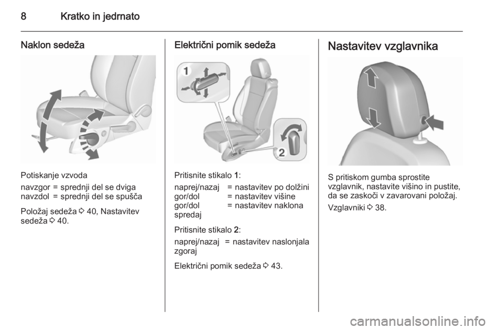 OPEL ZAFIRA C 2015.5  Uporabniški priročnik 8Kratko in jedrnato
Naklon sedeža
Potiskanje vzvoda
navzgor=sprednji del se dviganavzdol=sprednji del se spušča
Položaj sedeža 3 40, Nastavitev
sedeža  3 40.
Električni pomik sedeža
Pritisnite