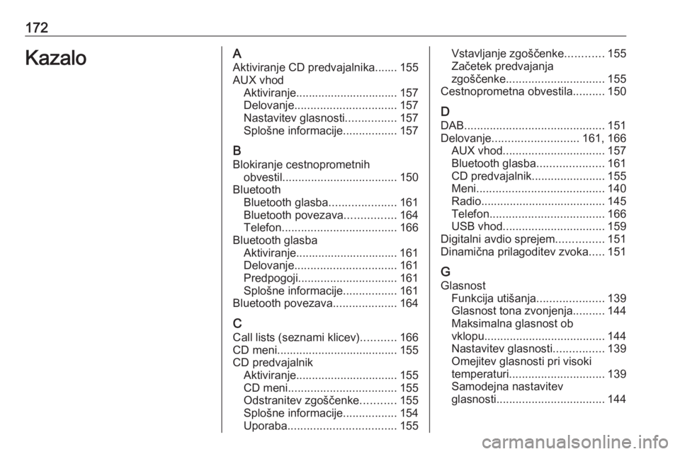 OPEL ZAFIRA C 2016.5  Navodila za uporabo Infotainment sistema 172KazaloAAktiviranje CD predvajalnika....... 155AUX vhod Aktiviranje................................ 157
Delovanje ................................ 157
Nastavitev glasnosti ................157
Sploš