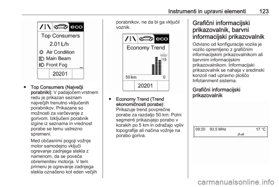 OPEL ZAFIRA C 2016.5  Uporabniški priročnik Instrumenti in upravni elementi123
●Top Consumers (Največji
porabniki) : V padajočem vrstnem
redu je prikazan seznam
največjih trenutno vključenih
porabnikov. Prikazane so
možnosti za varčevan