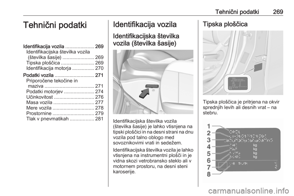 OPEL ZAFIRA C 2017.5  Uporabniški priročnik Tehnični podatki269Tehnični podatkiIdentifikacija vozila.....................269
Identifikacijska številka vozila (številka šasije) .......................269
Tipska ploščica .................. OPEL ZAFIRA C 2017.5  Uporabniški priročnik Tehnični podatki269Tehnični podatkiIdentifikacija vozila.....................269
Identifikacijska številka vozila (številka šasije) .......................269
Tipska ploščica ..................