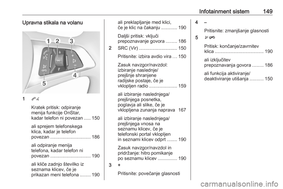 OPEL ZAFIRA C 2018 Uporabniški priročnik Infotainment sistem149Upravna stikala na volanu
1qw
Kratek pritisk: odpiranje
menija funkcije OnStar,
kadar telefon ni povezan .....150
ali sprejem telefonskega
klica, kadar je telefon
povezan ....... OPEL ZAFIRA C 2018 Uporabniški priročnik Infotainment sistem149Upravna stikala na volanu
1qw
Kratek pritisk: odpiranje
menija funkcije OnStar,
kadar telefon ni povezan .....150
ali sprejem telefonskega
klica, kadar je telefon
povezan .......