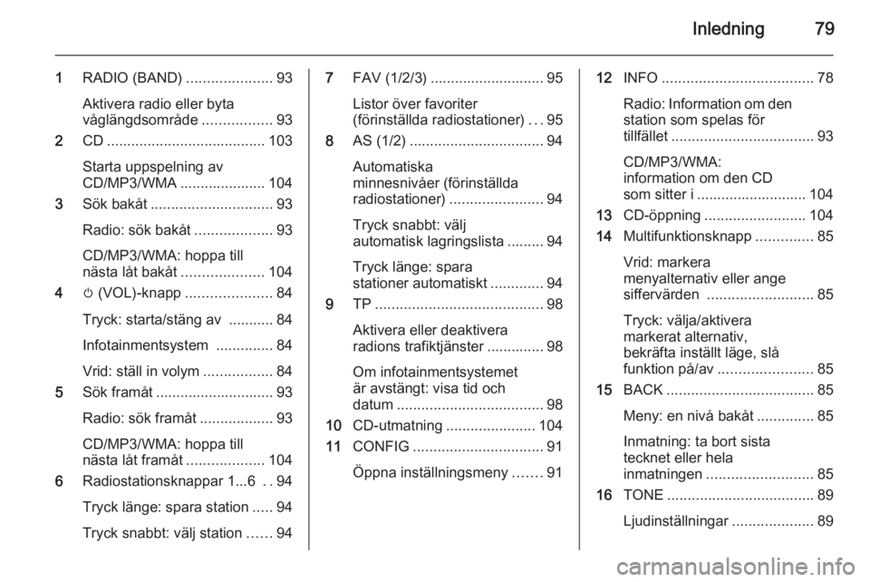 OPEL ZAFIRA C 2014.5  Handbok för infotainmentsystem Inledning79
1RADIO (BAND) .....................93
Aktivera radio eller byta
våglängdsområde .................93
2 CD....................................... 103
Starta uppspelning av
CD/MP3/WMA ....
