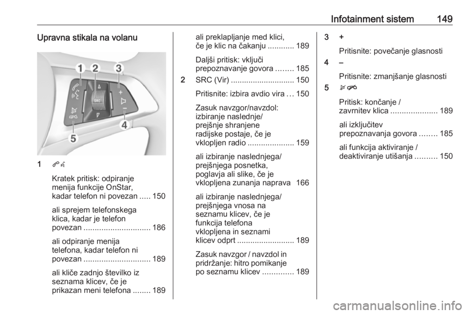 OPEL ZAFIRA C 2018.5  Uporabniški priročnik Infotainment sistem149Upravna stikala na volanu
1qw
Kratek pritisk: odpiranje
menija funkcije OnStar,
kadar telefon ni povezan .....150
ali sprejem telefonskega
klica, kadar je telefon
povezan .......