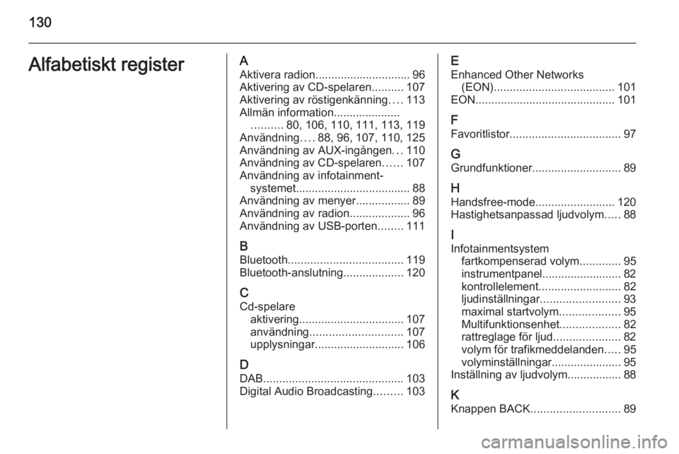 OPEL ZAFIRA C 2015  Handbok för infotainmentsystem 130Alfabetiskt registerAAktivera radion.............................. 96
Aktivering av CD-spelaren ..........107
Aktivering av röstigenkänning ....113
Allmän information..................... ......