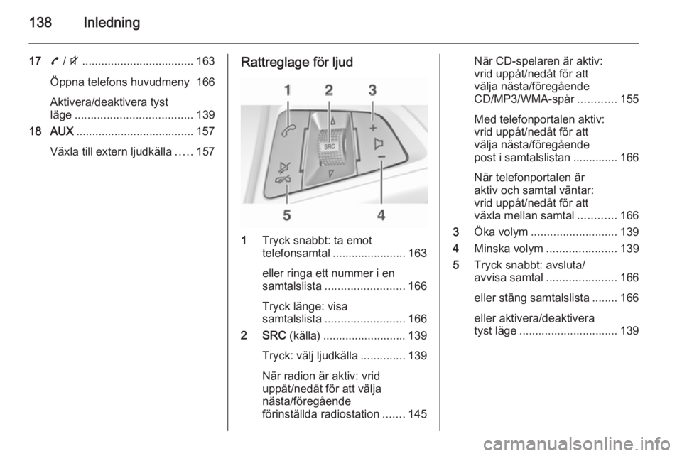 OPEL ZAFIRA C 2015  Handbok för infotainmentsystem 138Inledning
177 / i ................................... 163
Öppna telefons huvudmeny 166
Aktivera/deaktivera tyst
läge ..................................... 139
18 AUX .............................