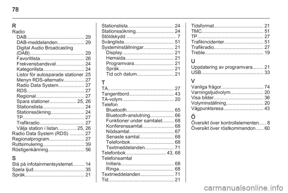 OPEL ZAFIRA C 2015  Handbok för infotainmentsystem 78
RRadio DAB ........................................... 29
DAB-meddelanden ....................29
Digital Audio Broadcasting
(DAB) ........................................ 29
Favoritlista ..........