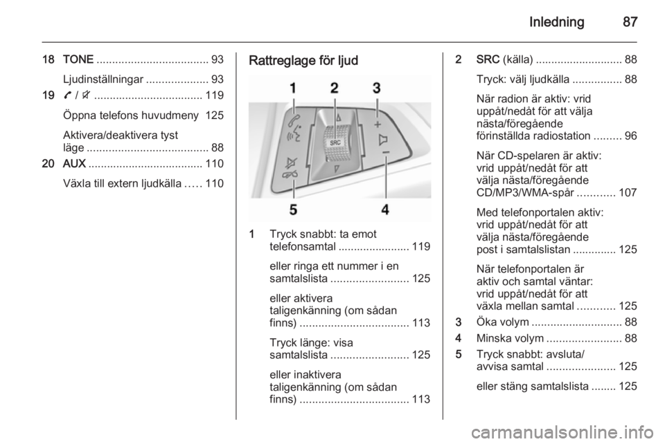 OPEL ZAFIRA C 2015  Handbok för infotainmentsystem Inledning87
18 TONE.................................... 93
Ljudinställningar ....................93
19 7 / i ................................... 119
Öppna telefons huvudmeny 125
Aktivera/deaktivera 