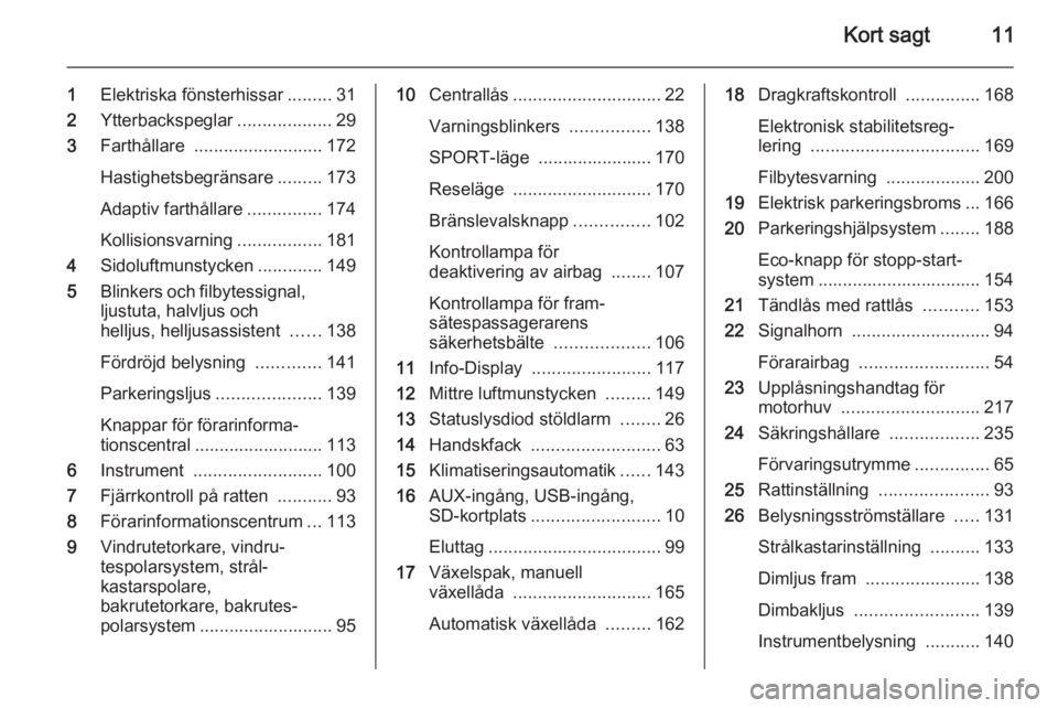 OPEL ZAFIRA C 2015  Instruktionsbok Kort sagt11
1Elektriska fönsterhissar .........31
2 Ytterbackspeglar ...................29
3 Farthållare  .......................... 172
Hastighetsbegränsare .........173
Adaptiv farthållare .....