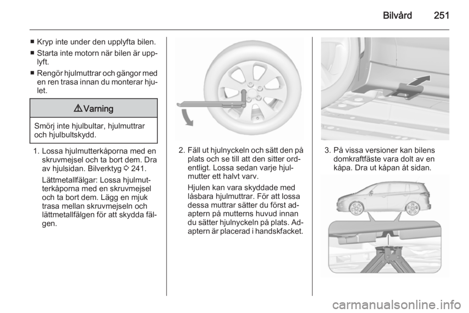 OPEL ZAFIRA C 2015.5 Instruktionsbok Bilvård251
■ Kryp inte under den upplyfta bilen.
■ Starta inte motorn när bilen är upp‐
lyft.
■ Rengör hjulmuttrar och gängor med
en ren trasa innan du monterar hju‐ let.9 Varning
Smör OPEL ZAFIRA C 2015.5 Instruktionsbok Bilvård251
■ Kryp inte under den upplyfta bilen.
■ Starta inte motorn när bilen är upp‐
lyft.
■ Rengör hjulmuttrar och gängor med
en ren trasa innan du monterar hju‐ let.9 Varning
Smör