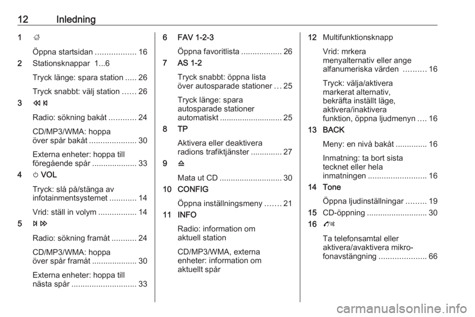 OPEL ZAFIRA C 2016  Handbok för infotainmentsystem 12Inledning1;
Öppna startsidan ..................16
2 Stationsknappar  1...6
Tryck länge: spara station .....26
Tryck snabbt: välj station ......26
3 s
Radio: sökning bakåt ............24
CD/MP3/