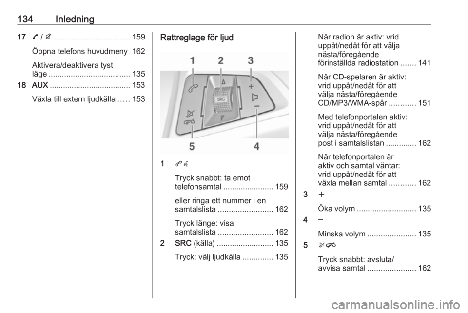 OPEL ZAFIRA C 2016  Handbok för infotainmentsystem 134Inledning177 / i ................................... 159
Öppna telefons huvudmeny 162
Aktivera/deaktivera tyst
läge ..................................... 135
18 AUX ..............................