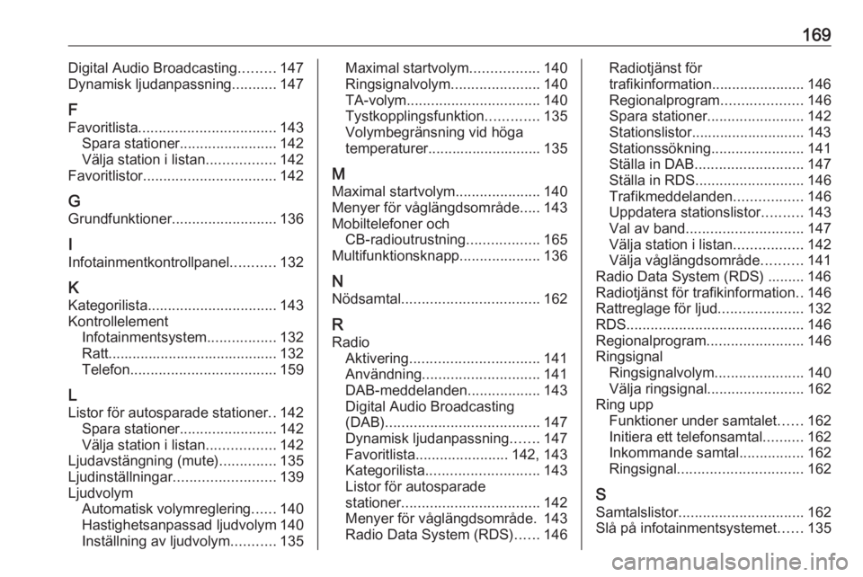 OPEL ZAFIRA C 2016  Handbok för infotainmentsystem 169Digital Audio Broadcasting.........147
Dynamisk ljudanpassning ...........147
F
Favoritlista .................................. 143
Spara stationer ........................ 142
Välja station i lis