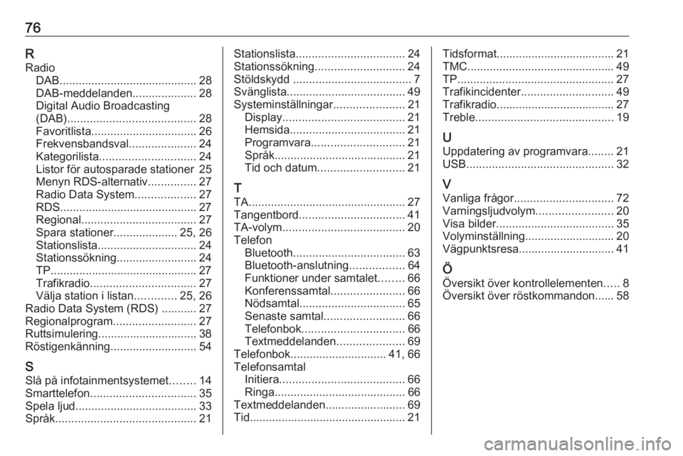 OPEL ZAFIRA C 2016  Handbok för infotainmentsystem 76RRadio DAB ........................................... 28
DAB-meddelanden ....................28
Digital Audio Broadcasting
(DAB) ........................................ 28
Favoritlista ...........