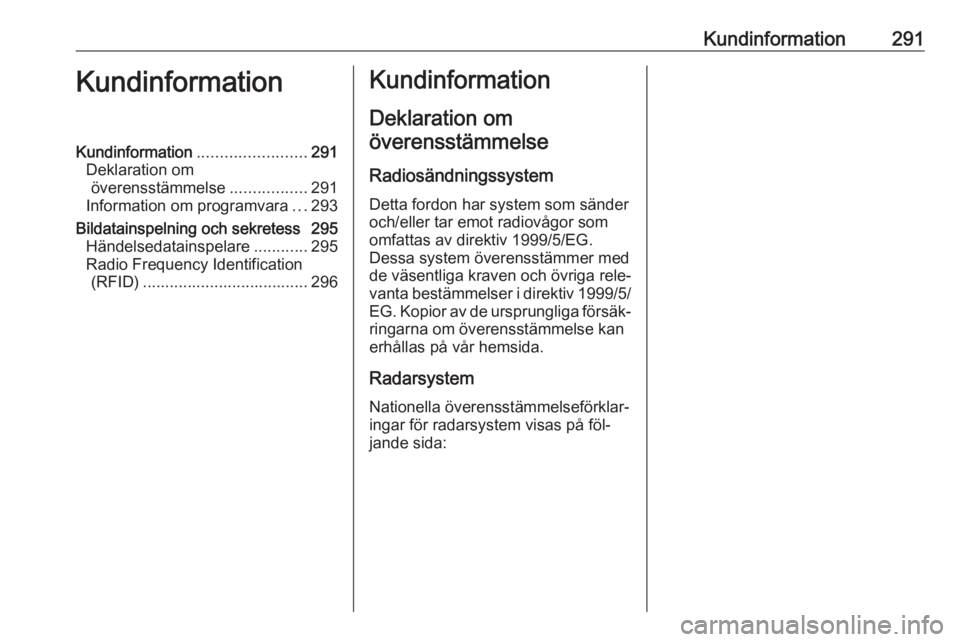 OPEL ZAFIRA C 2016 Instruktionsbok Kundinformation291KundinformationKundinformation........................291
Deklaration om överensstämmelse .................291
Information om programvara ...293
Bildatainspelning och sekretess 295 OPEL ZAFIRA C 2016 Instruktionsbok Kundinformation291KundinformationKundinformation........................291
Deklaration om överensstämmelse .................291
Information om programvara ...293
Bildatainspelning och sekretess 295