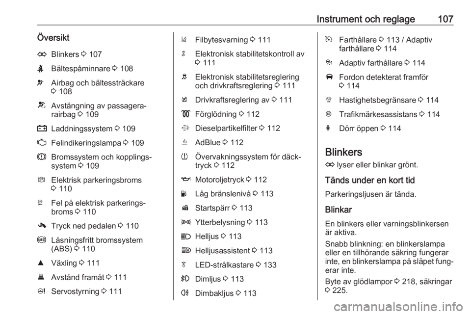 OPEL ZAFIRA C 2017.25  Instruktionsbok Instrument och reglage107ÖversiktOBlinkers 3 107XBältespåminnare  3 108vAirbag och bältessträckare
3  108VAvstängning av passagera‐
rairbag  3 109pLaddningssystem  3 109ZFelindikeringslampa  3