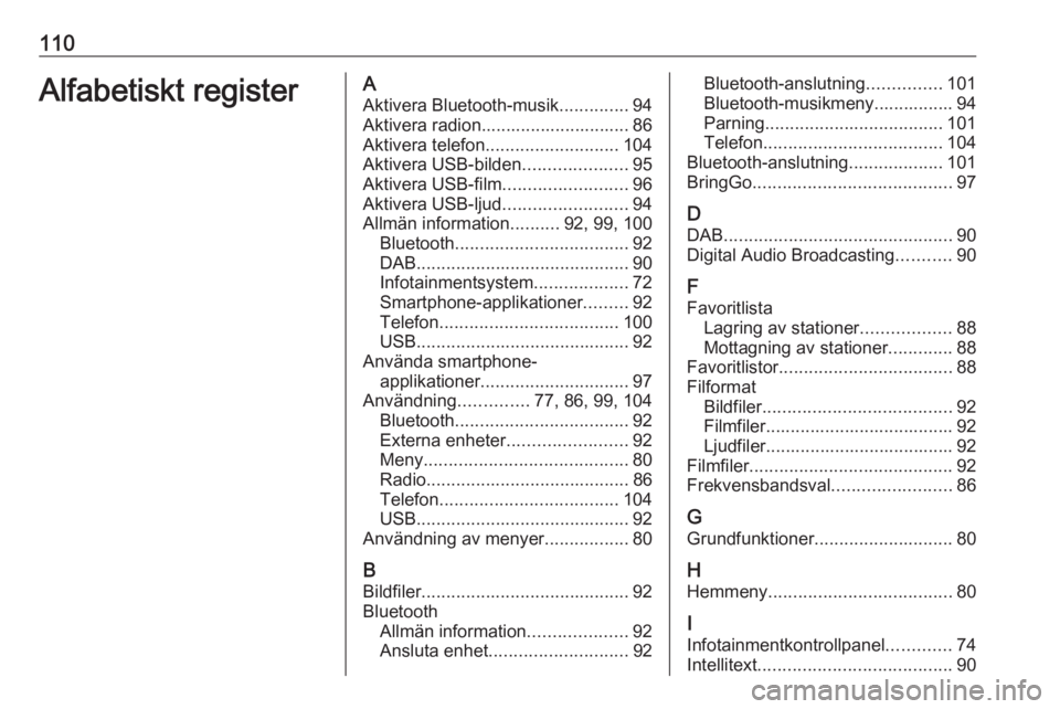 OPEL ZAFIRA C 2017.5  Handbok för infotainmentsystem 110Alfabetiskt registerAAktivera Bluetooth-musik ..............94
Aktivera radion.............................. 86
Aktivera telefon ........................... 104
Aktivera USB-bilden ................