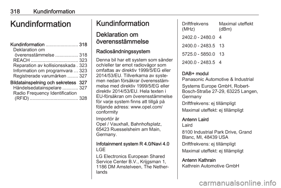 OPEL ZAFIRA C 2018 Instruktionsbok 318KundinformationKundinformationKundinformation........................318
Deklaration om överensstämmelse .................318
REACH .................................... 323
Reparation av kollisio OPEL ZAFIRA C 2018 Instruktionsbok 318KundinformationKundinformationKundinformation........................318
Deklaration om överensstämmelse .................318
REACH .................................... 323
Reparation av kollisio