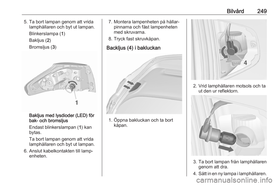 OPEL ZAFIRA C 2019  Instruktionsbok Bilvård2495. Ta bort lampan genom att vridalamphållaren och byt ut lampan.
Blinkerslampa ( 1)
Bakljus ( 2)
Bromsljus ( 3)
Bakljus med lysdioder (LED) för
bak- och bromsljus
Endast blinkerslampan ( 
