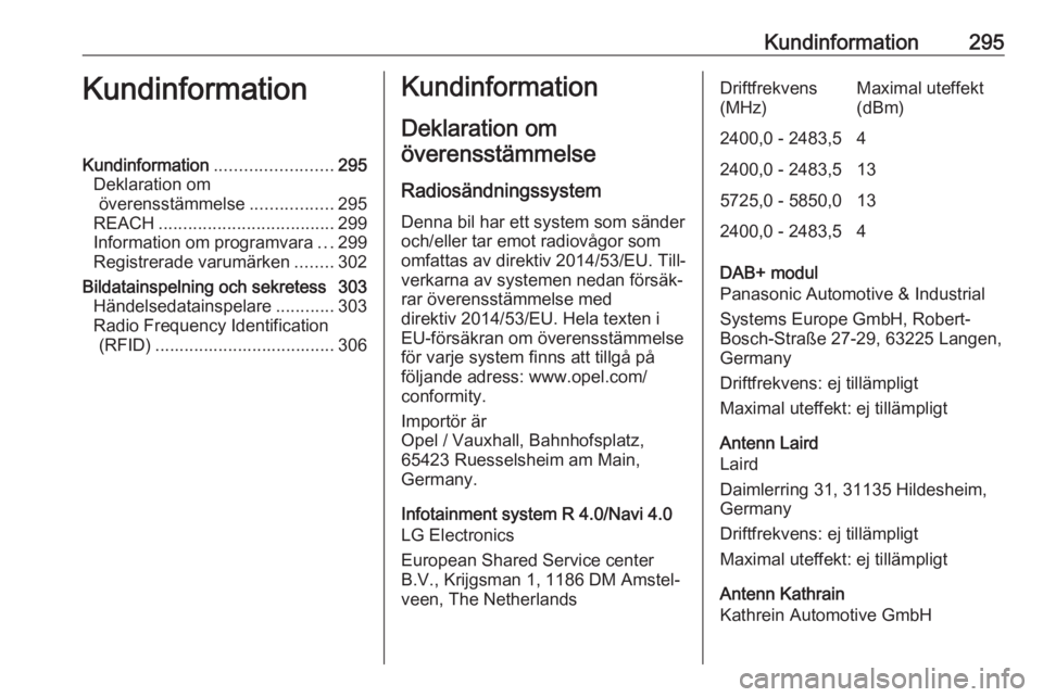 OPEL ZAFIRA C 2019 Instruktionsbok Kundinformation295KundinformationKundinformation........................295
Deklaration om överensstämmelse .................295
REACH .................................... 299
Information om program OPEL ZAFIRA C 2019 Instruktionsbok Kundinformation295KundinformationKundinformation........................295
Deklaration om överensstämmelse .................295
REACH .................................... 299
Information om program