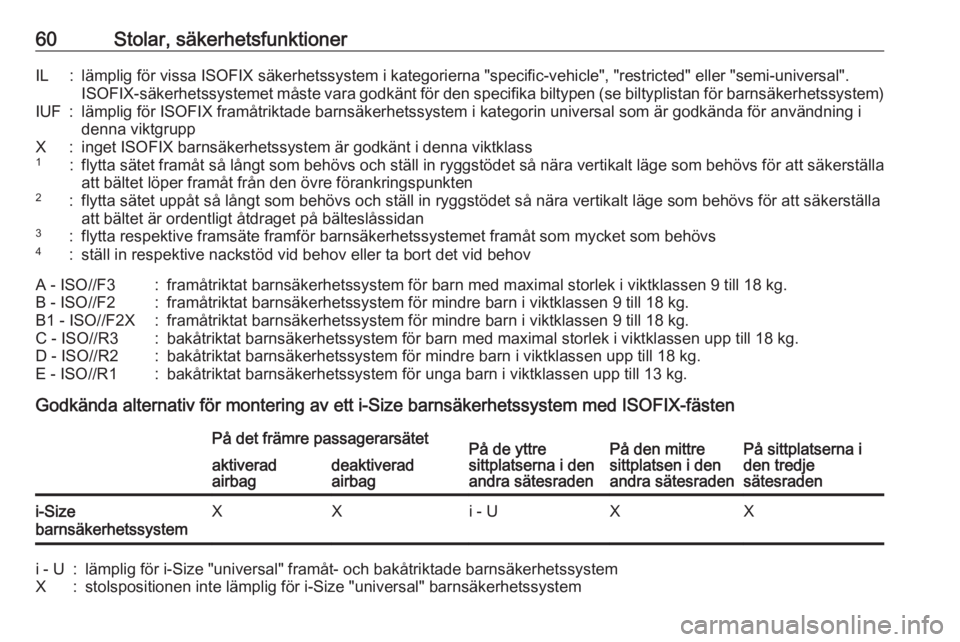 OPEL ZAFIRA C 2019  Instruktionsbok 60Stolar, säkerhetsfunktionerIL:lämplig för vissa ISOFIX säkerhetssystem i kategorierna "specific-vehicle", "restricted" eller "semi-universal".ISOFIX-säkerhetssystemet m�