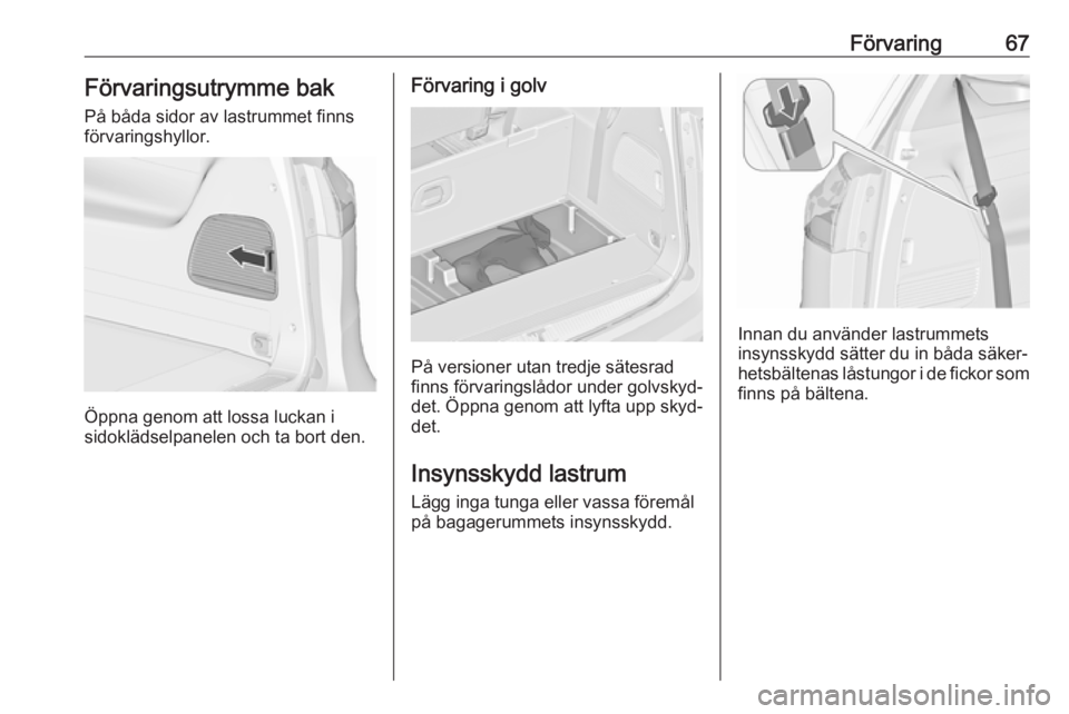 OPEL ZAFIRA C 2019  Instruktionsbok Förvaring67Förvaringsutrymme bak
På båda sidor av lastrummet finns
förvaringshyllor.
Öppna genom att lossa luckan i
sidoklädselpanelen och ta bort den.
Förvaring i golv
På versioner utan tred