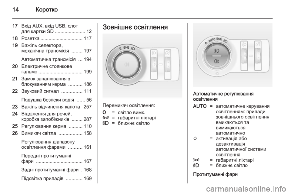 OPEL ASTRA J 2014 Посібник з експлуатації (in Ukrainian) 14Коротко
17Вхід AUX, вхід USB, слот
для картки SD ......................12
18 Розетка ............................... 117
19 Важіль селектора,
мех OPEL ASTRA J 2014 Посібник з експлуатації (in Ukrainian) 14Коротко
17Вхід AUX, вхід USB, слот
для картки SD ......................12
18 Розетка ............................... 117
19 Важіль селектора,
мех