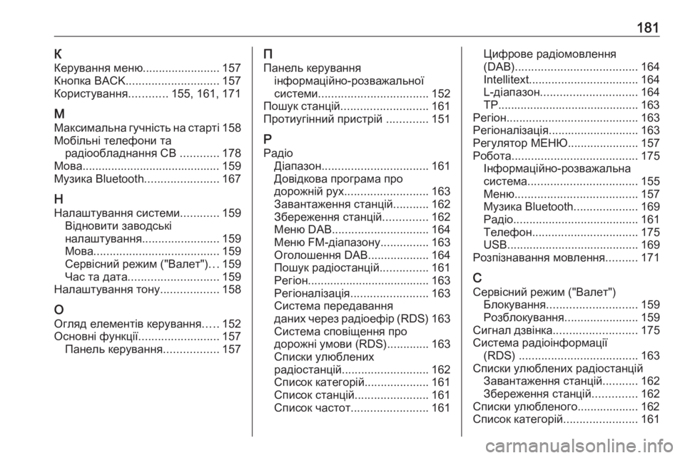 OPEL ASTRA K 2017.5  Інструкція з експлуатації інформаційно-розважальної системи (in Ukrainian) 181К
Керування меню ........................157
Кнопка BACK ............................. 157
Користування ............155, 161, 171
М
Максимальна гучн�