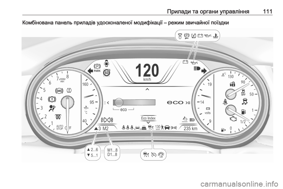OPEL ASTRA K 2020 Посібник з експлуатації (in Ukrainian) Прилади та органи управління111Комбінована панель приладів удосконаленої модифікації – режим звичайної пої OPEL ASTRA K 2020 Посібник з експлуатації (in Ukrainian) Прилади та органи управління111Комбінована панель приладів удосконаленої модифікації – режим звичайної пої