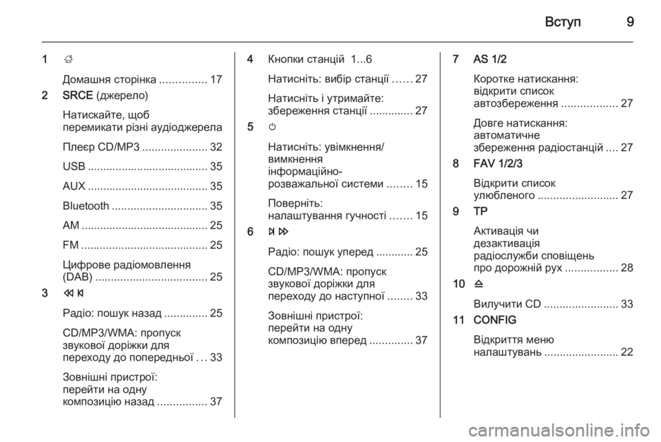 OPEL CASCADA 2015.5  Інструкція з експлуатації інформаційно-розважальної системи (in Ukrainian) Вступ9
1;
Домашня сторінка ...............17
2 SRCE  (джерело)
Натискайте, щоб
перемикати різні аудіоджерела
Плеєр CD/MP3 ......