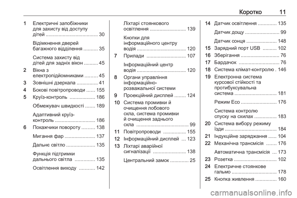 OPEL COMBO E 2020  Посібник з експлуатації (in Ukrainian) Коротко111Електричні запобіжники
для захисту від доступу
дітей ..................................... 30
Відімкнення дверей
баг�